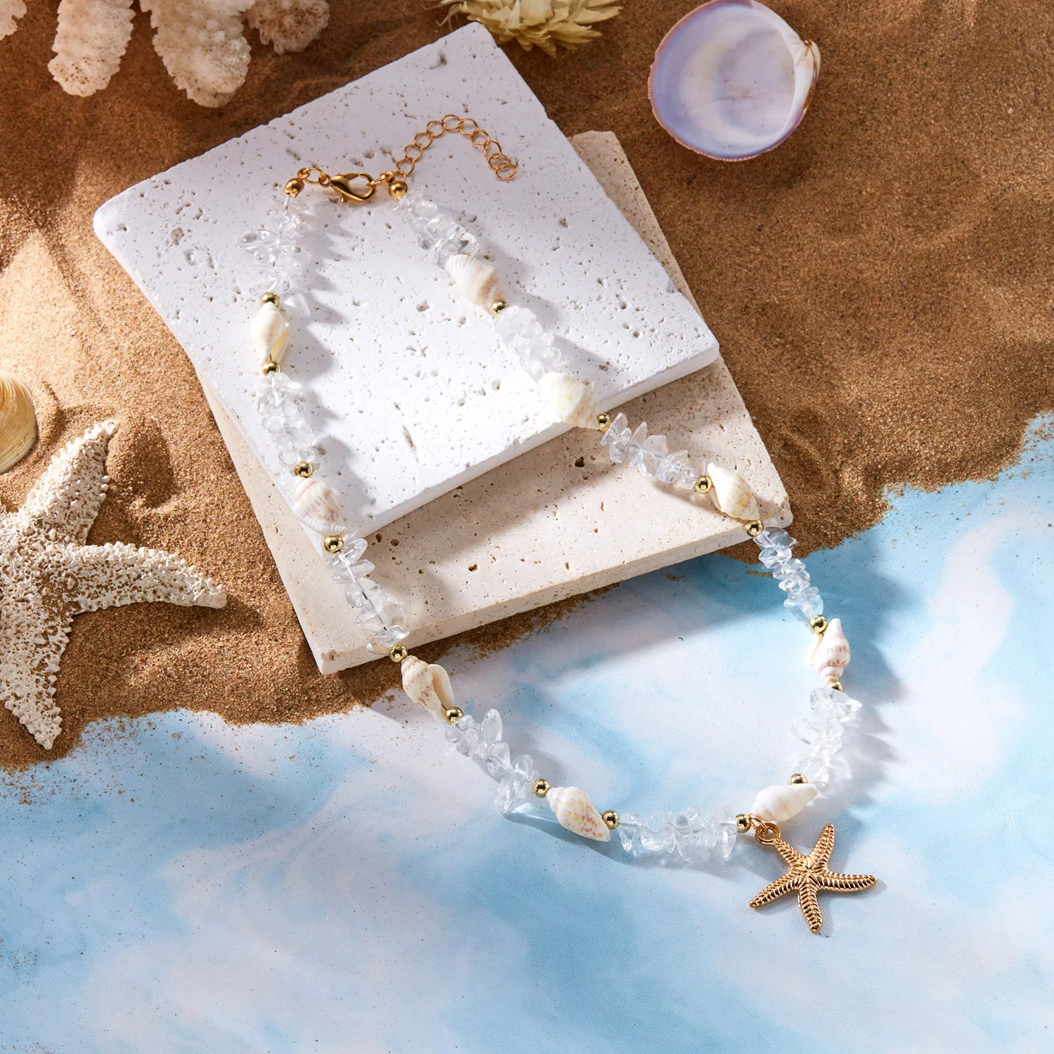 Boho Muschel Rosa Stein Choker Halskette für Frauen Goldfarben Seestern-Anhänger Strand-Schmuck für Sommerurlaub Y2K Ästhetisches Geschenk – Detail 6