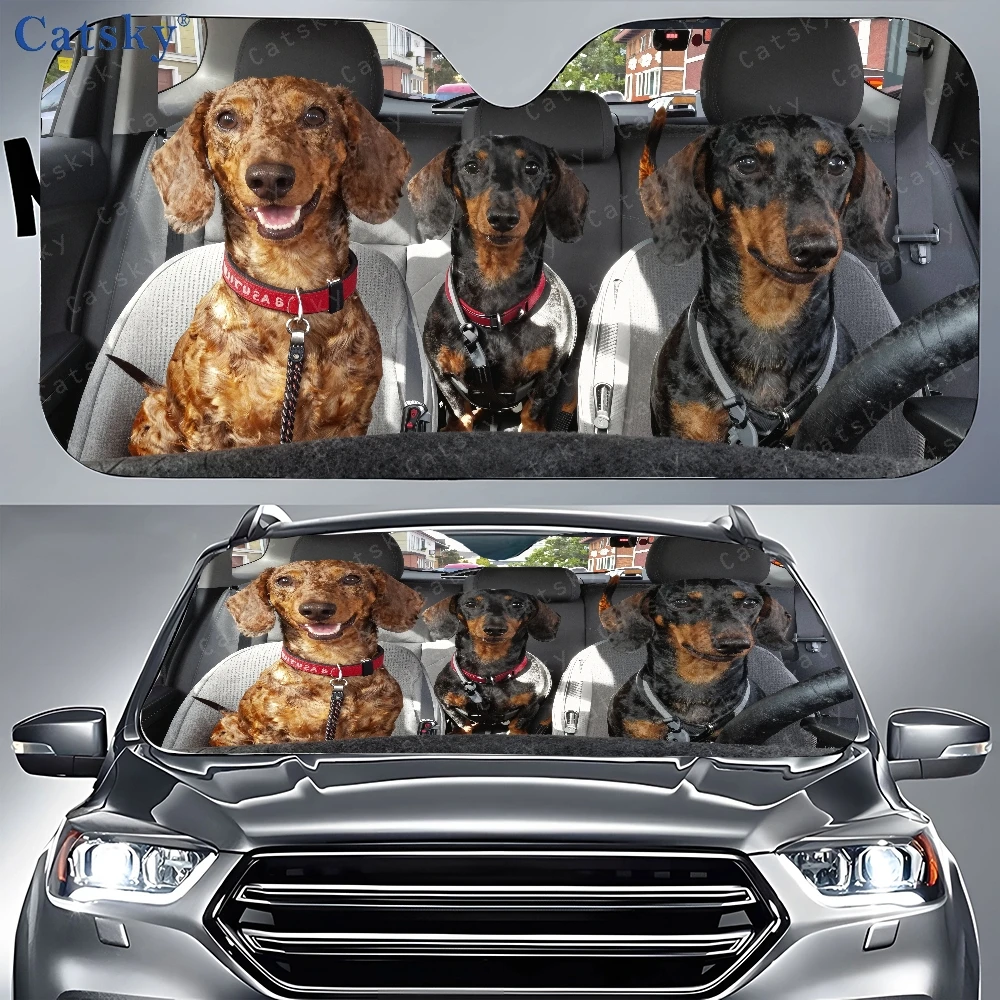 Three Dachshunds In Car | Auto Sunshades, Front Window Sun Cover, Durable Polyamide Visor For Car Decor And Gift