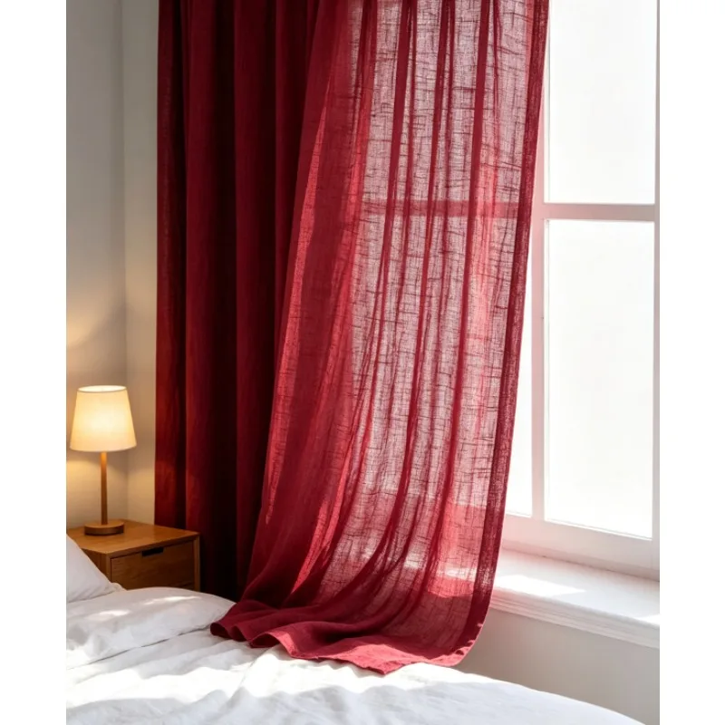 American Style Homestay Red Linen Gauze Wine Red Retro French Door Curtain Living Room Bedroom Balcony Curtain