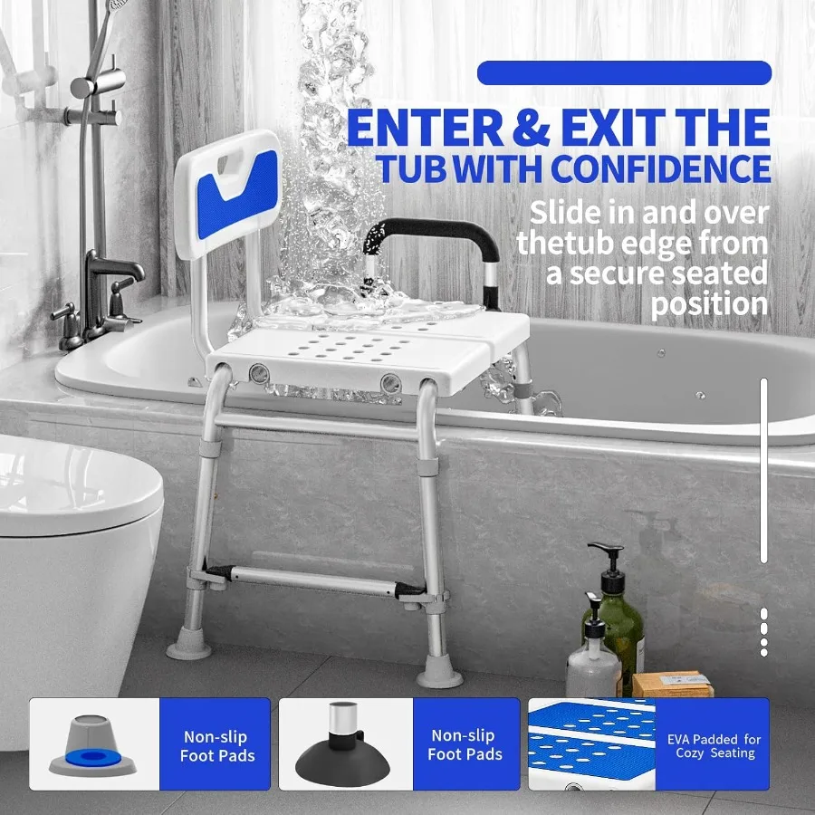 Heavy Duty Width Adjustable Bath Tub Transfer Shower Bench for Inside Tub Extended Shower Chair with Adjustable Height and Reve