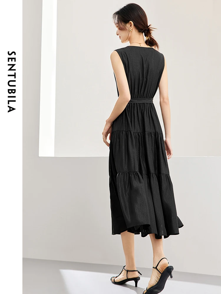 Sentubila vestido feminino preto com decote em v, elegante, novo, macio, cinto de gravata, linha a, sem mangas, verão, em camadas, midi, 2023, 141l53273