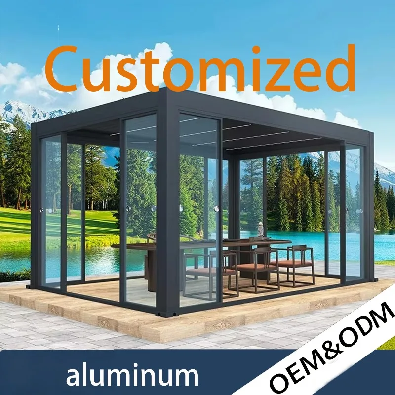 Motorized Pergola En Aluminum Bioclimatic Gazebo with LED Lights Louvered Roof Glass Sliding Doors Patio Gazebo Pergola