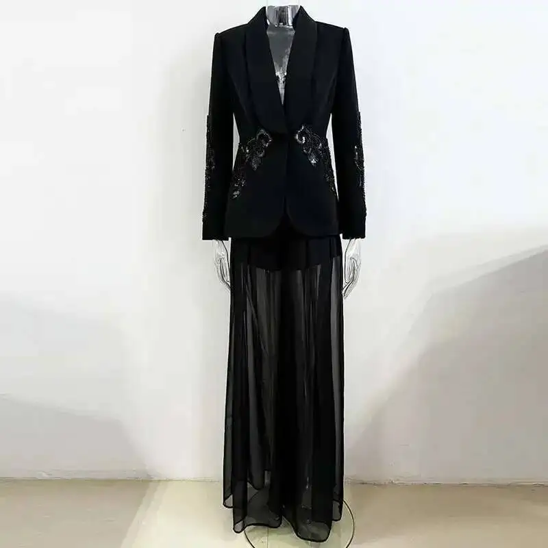 HKSH 2025 Early Spring New Women's Tide Dark Star Fashion Mesh Blazer Splicing Heavy Nail Bead Chic Jackets Chiffon Pants HK3725