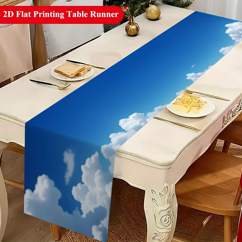 Beautiful Blue Sky White Clouds Motif Table Runner - Vibrant Clear Nature Landscape Decoration for Holiday Dining Home Party