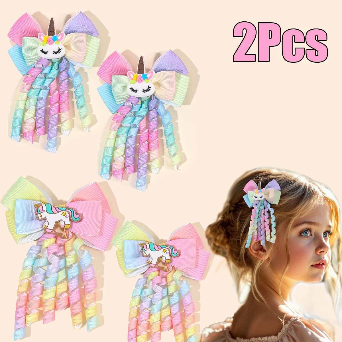 Pinza para el pelo de unicornio arcoíris, cinta rizada bonita, borla, lazo mágico, horquilla para niños y niñas, accesorios para la cabeza de uso diario, 2 uds.