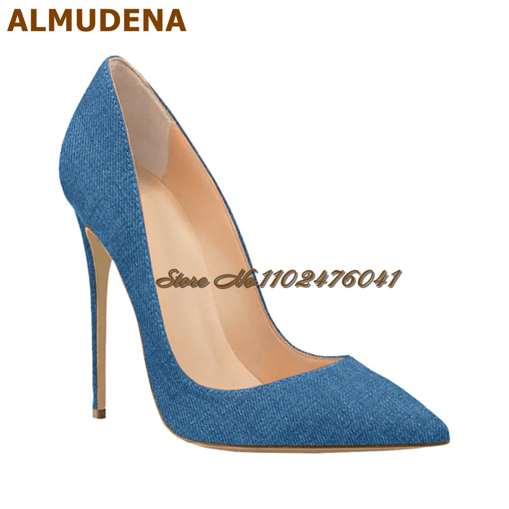 

Almudena Blue Denim Shallow Cut Pointed Toe Pumps 12cm 10cm 8cm Stiletto Heels Dress Pumps Women Slip-On Jeans Banquet Shoes