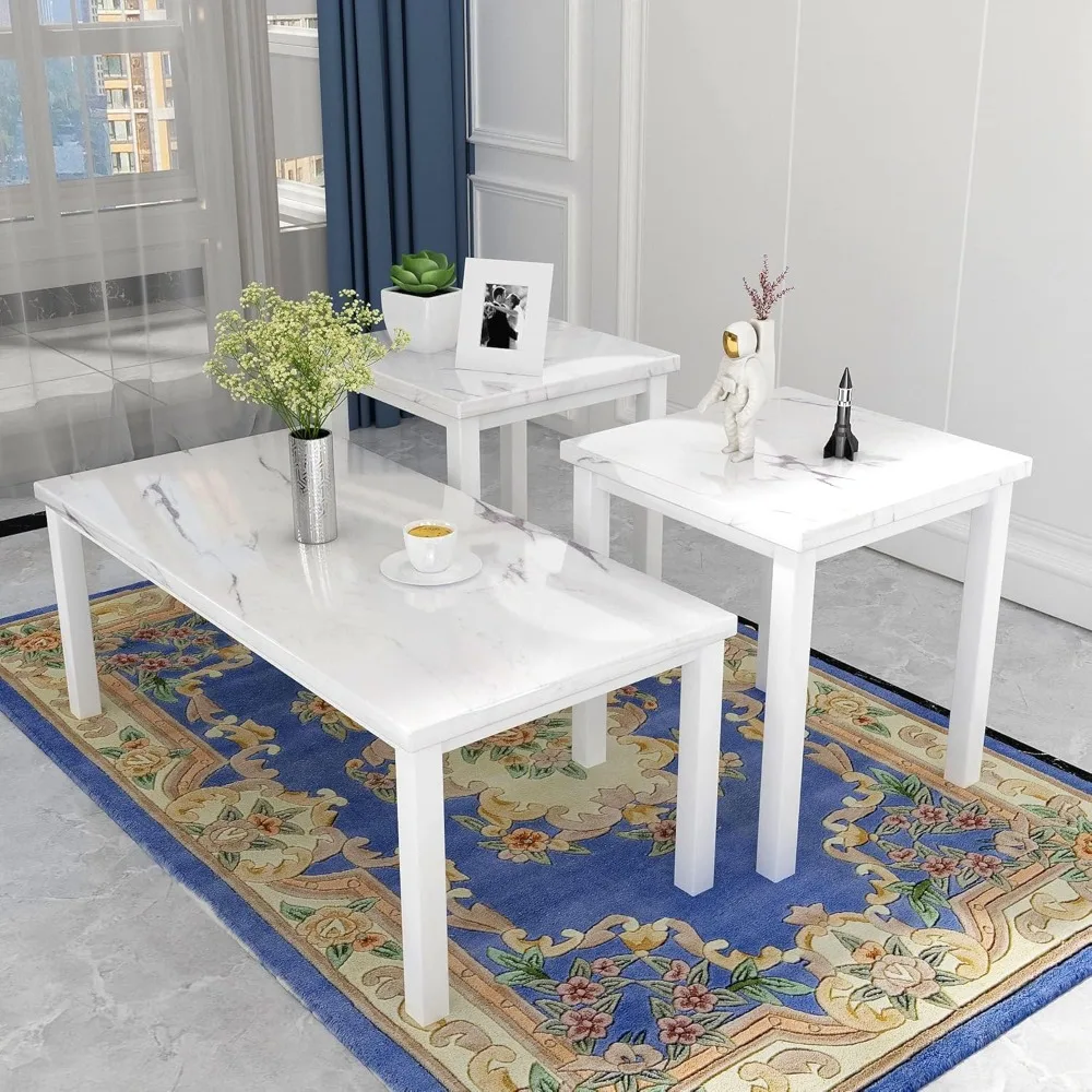 

Faux Marble Coffee Table Set of 3 Piece, Living Room Table Set Coffee Table & 2pcs End with Metal Frame Sofa Side