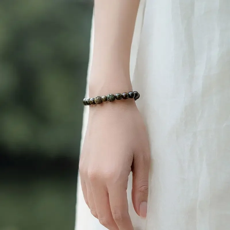 

Benmingnian Green Sandalwood Bracelet for Men and Women's Lotus Carved Buddha Beads Haoyun Beads Couple Student HandString Gift