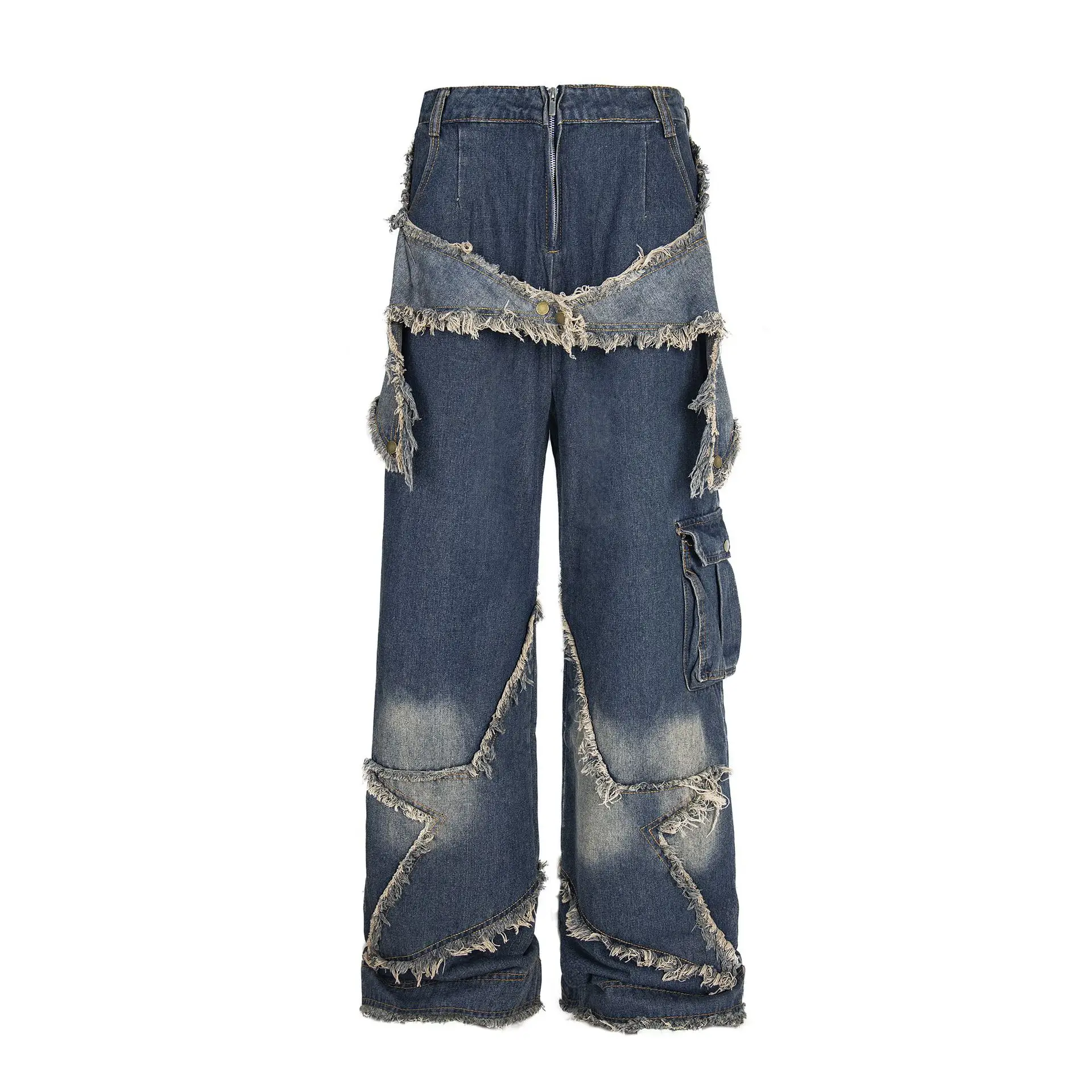 Fashion Oversized Hip Hop Jeans Pants With Star Patchwork Loose Fit Cargo Denim Trousers High Waist Baggy Jean Bottoms