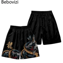 Pantalones cortos de playa con estampado de dragón chino para hombres y mujeres, ropa de calle informal, cintura elástica, negro, talla grande, Verano