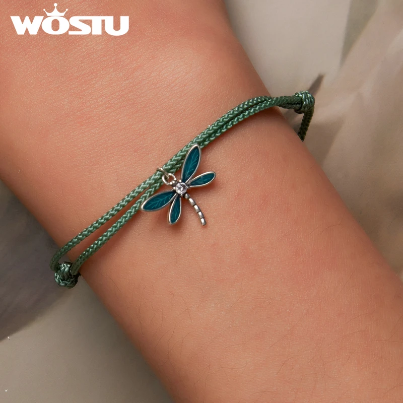 WOSTU Fashion Dragonfly Bracelet 925 Sterling Silver Delicate Green Dragonfly Pendants Bracelet for Women Fine All-match Jewelry