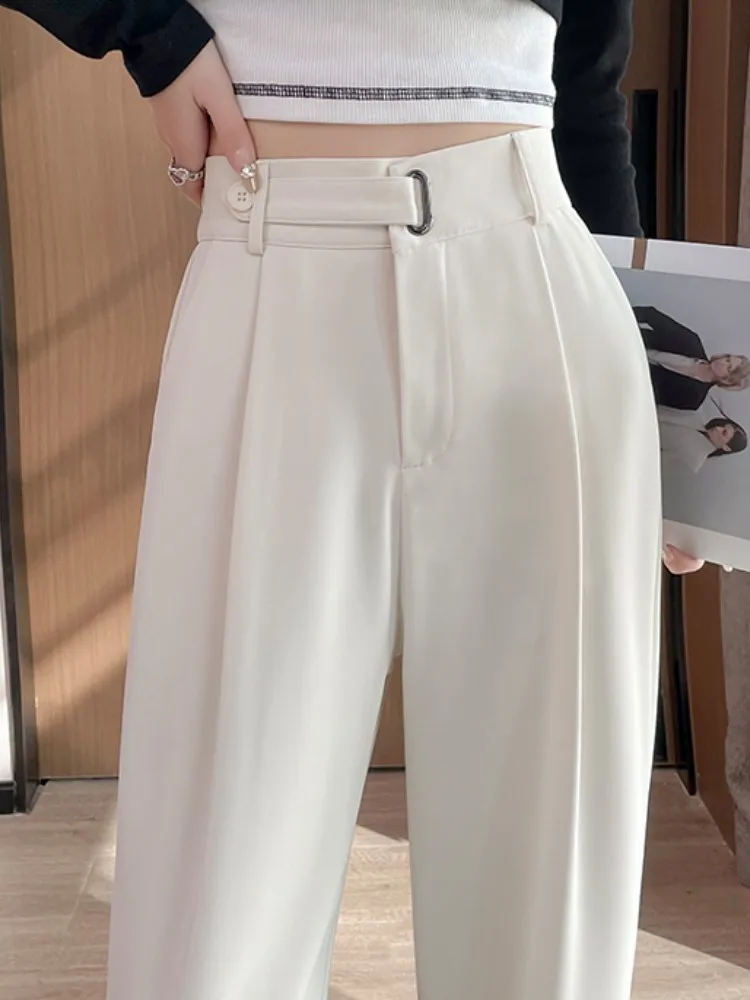 High Waist Suit White Wide Leg Women\'s Full Pant Spring Summer Female Elegant Button Minimalism Straight Loose Trousers 2023 New