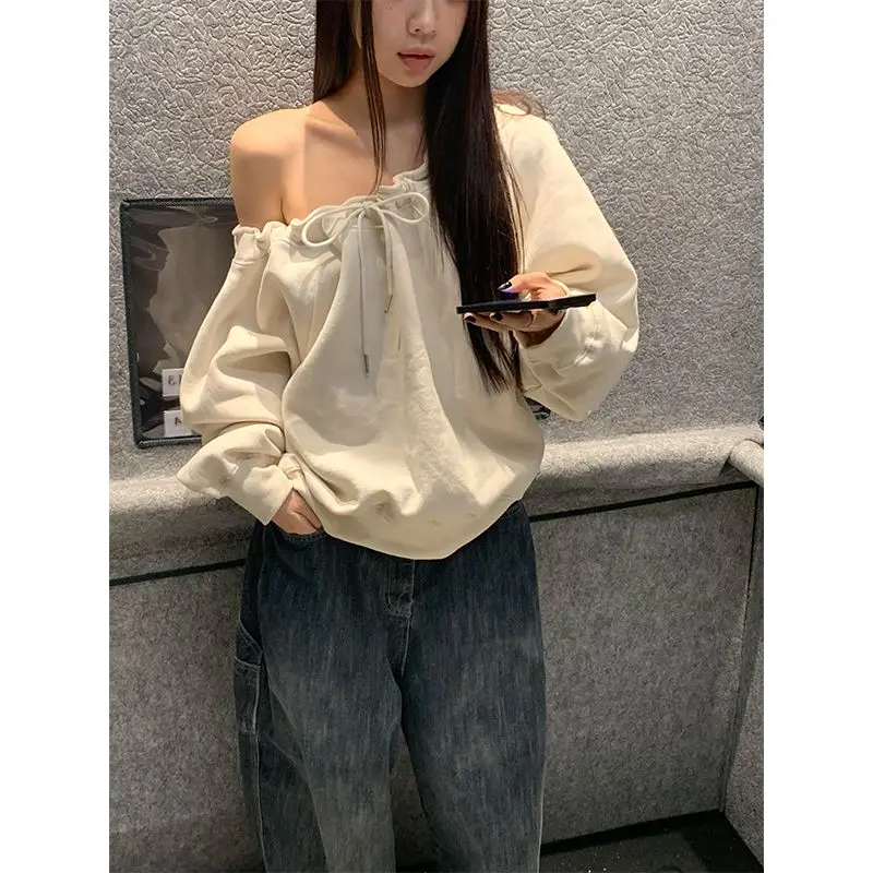 Hot Girl Style Drawstring Collar Shoulder Top Women's Autumn and Winter Design Niche Casual Loose and Lazy Style Sweatshirt