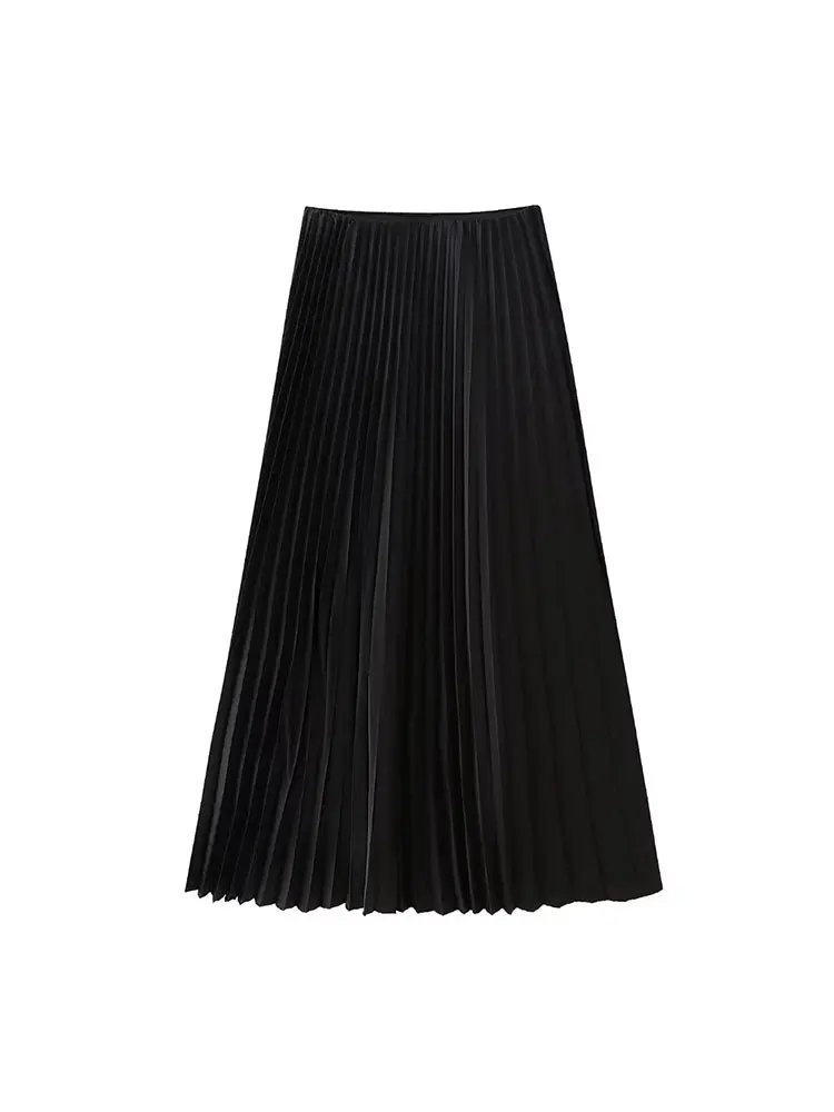 TRAF 2024 Satin Pleated Midi Skirts for Women New High Waist Skirt Woman Fashion Long Skirts Women\'s Elegant Party Skirts