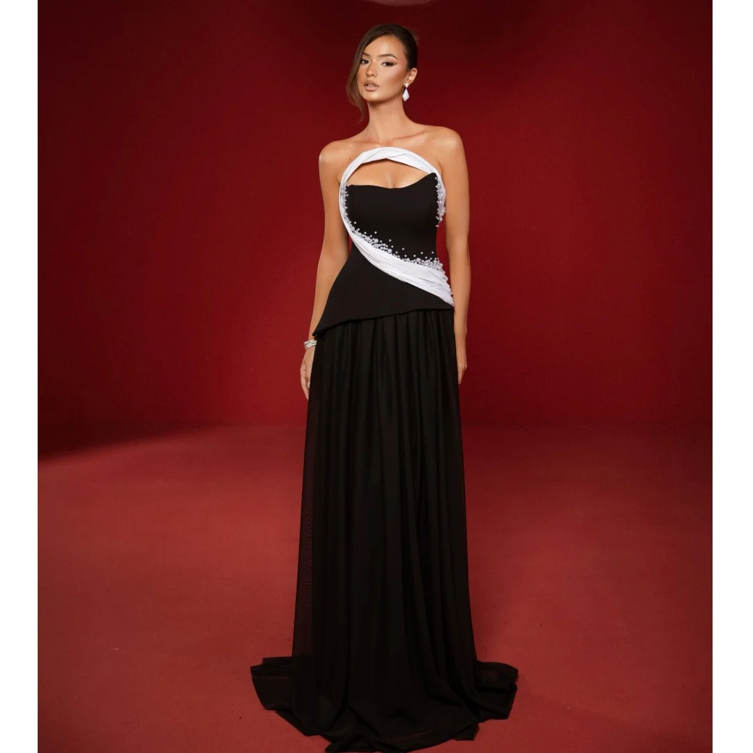 

A Line Strapless Evening Dresses Exquisite Beading Pearls Corset Prom Dress Luxury Party Gown Gala Vestidos Customized