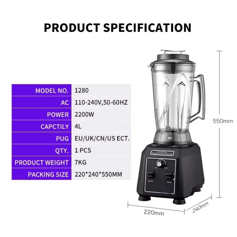 Large 4L Capacity Commercial Heavy Duty Magic Blender Variable Speed Smoothie and Ice Crusher for Household and Hotel Use