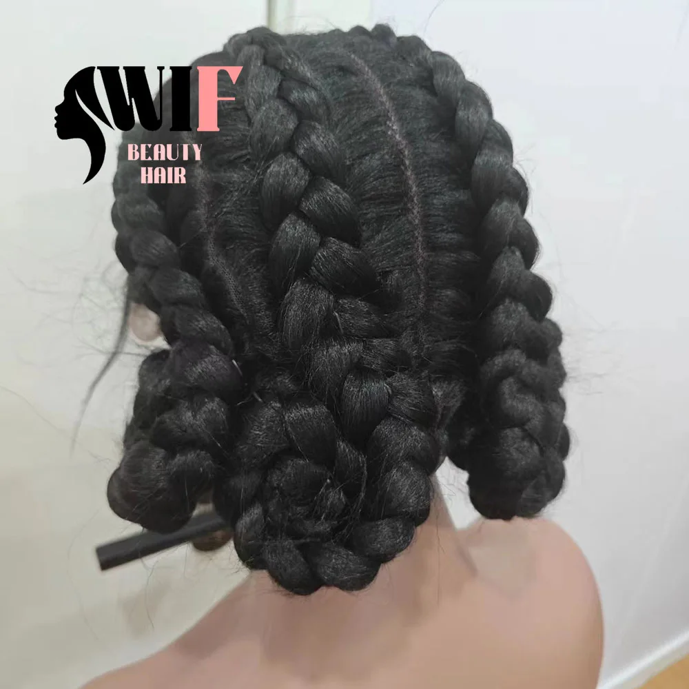 WIF Black Box Braided Synthetic Wig for Black Women Natural Hairline with Bangs Bun Braids Lace Wigs Women Daily Braiding Hair