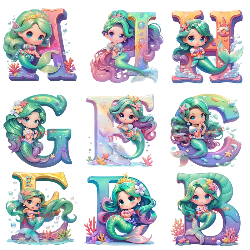 Iron On Patch - Cartoon Mermaid A-Z English Alphabet Iron
