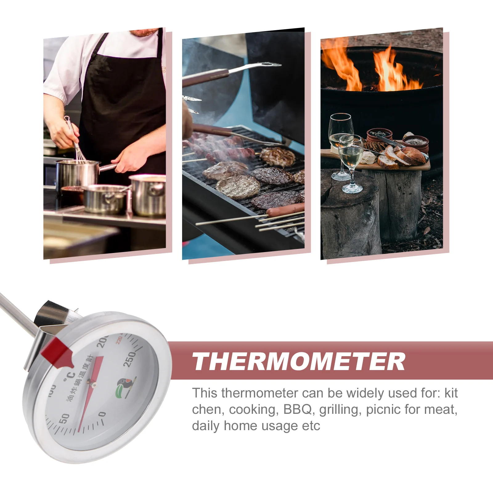 

2pcs Probe Type Food Kitchen Oil Thermometer Heat Resistant Cooking Thermometer Stainless Steel High Temperature Gauge