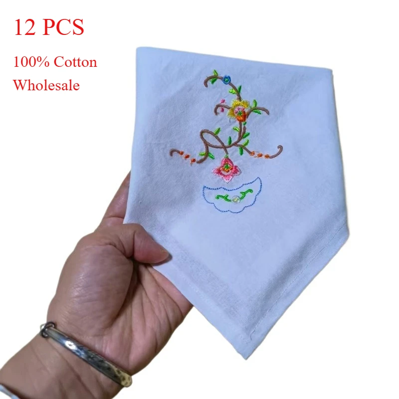 12PC 28x28CM Pure Cotton Embroidered Flower Patter Square Napkins Handkerchiefs