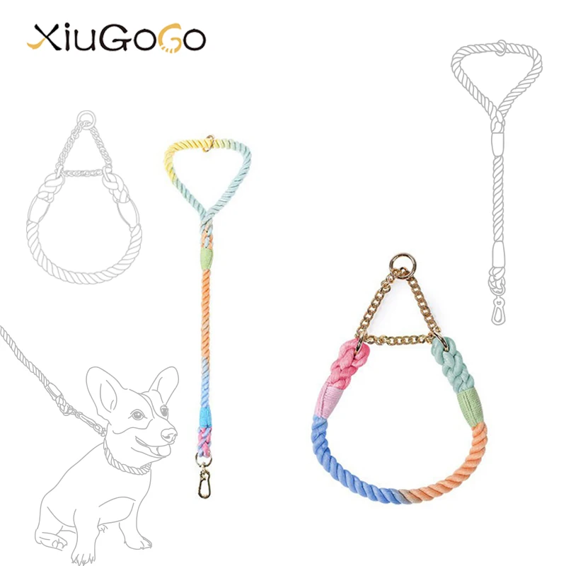 

Colorful Dog Cat Walking Traction Leash Collar SetCotton Rope Braided Short Lead For Medium Large Pet Supplies Gold Accessories