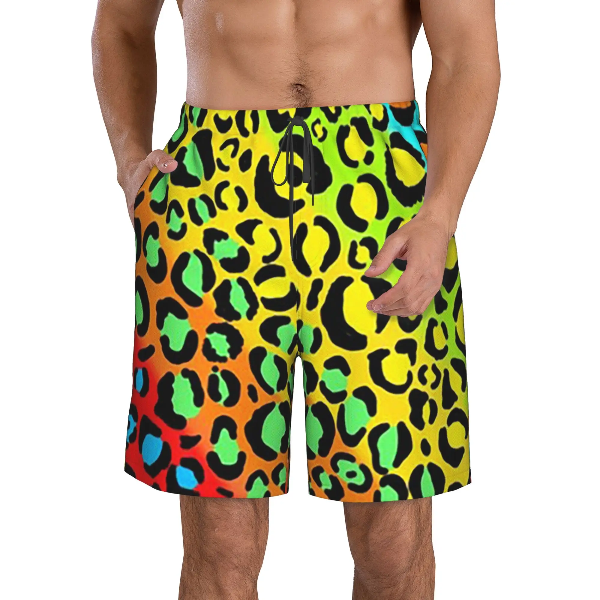 Vibrant Rainbow Leopard Print Trunks Beach Board Shorts Casual Quick Dry Swim Summer Men Pants