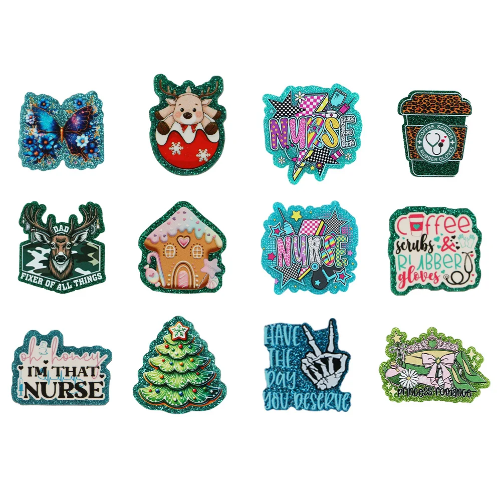 5Pcs Small Acrylic Flatback Resin Planars Blue Christmas Green Back Glitter Powder DIY Material for Pendant Badge Decoration