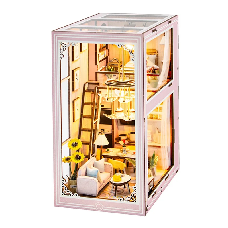 DIY ブックコーナーキットミニチュアドールハウス LED ライト付き 3D パズルモデル構築木製本棚誕生日ギフト