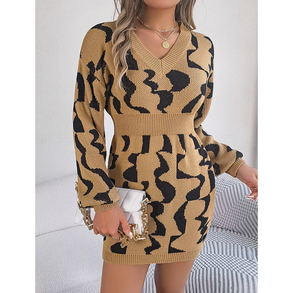 Mia Muse Autumn Winter Women's Knitted Dresses Autumn Wild Fashion V Neck Long Sleeve Print Mini Dresses