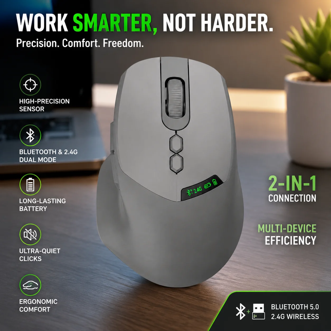 Kabellose 2,4-GHz-Bluetooth-Maus mit Dual-Modus, wiederaufladbar, 7 Tasten, 2000 DPI, einstellbares ergonomisches Design, leise Maus für PC.