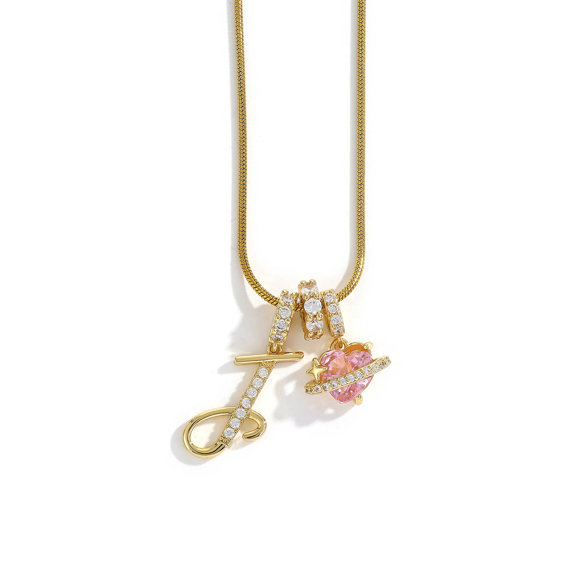 Women's A-Z Initial Letter Pendant Necklace Snake Chain Initial Alphabet CZ Pink Heart Necklace Adjustable Size Hypoallergenic
