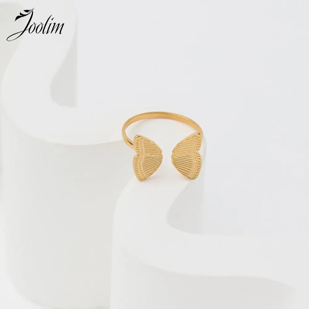 Joolim Jewelry Wholesale High End PVD Waterproof&No Fade Cute Vivid Butterfly Wing Cuff Stainless Steel Trendy Ring For Women