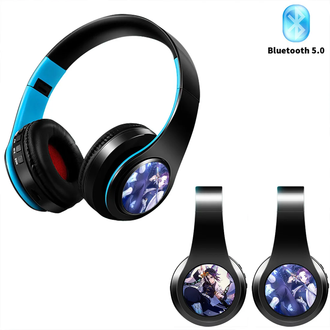 Cuffie Bluetooth wireless con personaggi anime, supporto per scheda TF e cavo audio, suggerimenti vocali giapponesi, auricolari pieghevoli