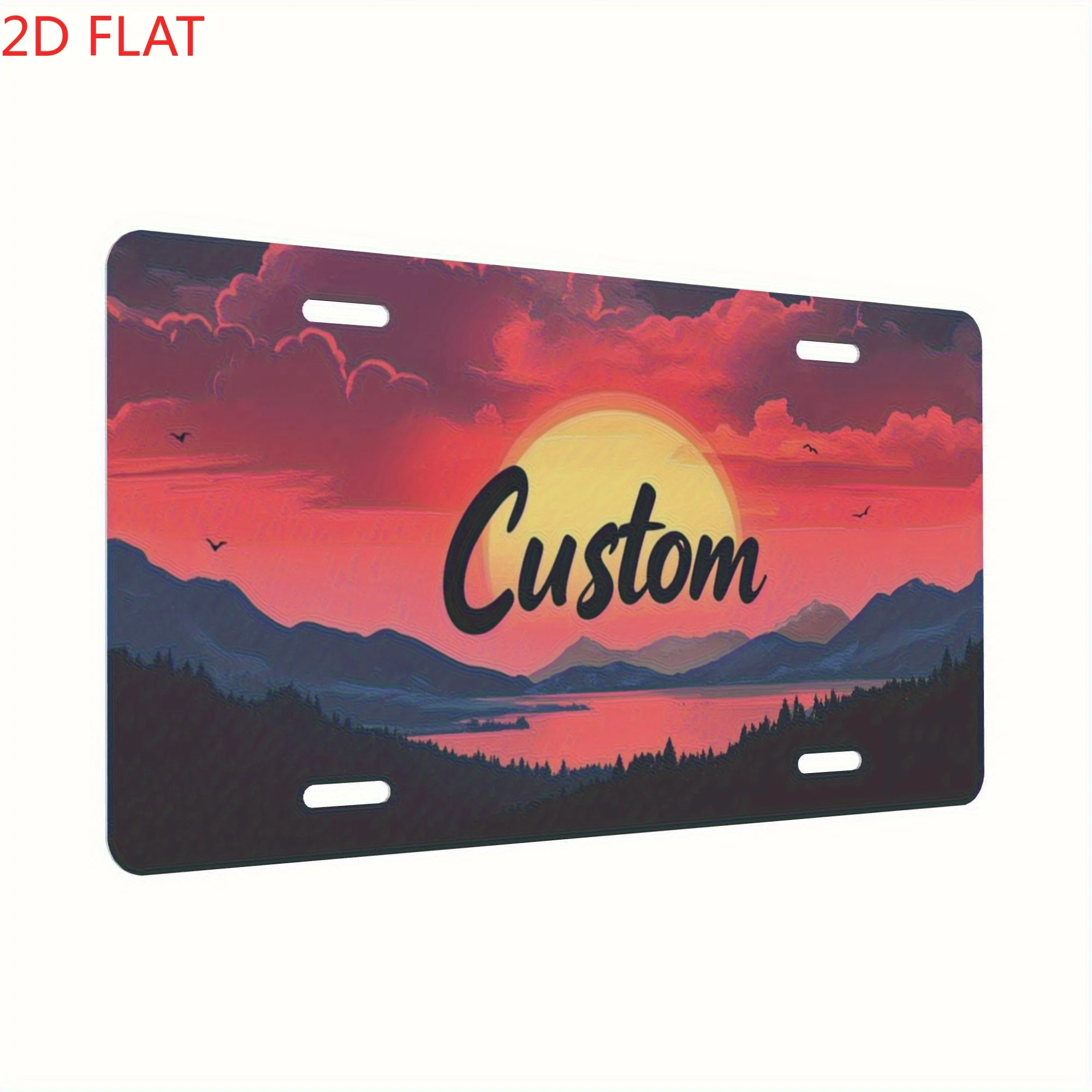 2D Flat,  Personalized Aluminum Art License Plate Decoration License Plate, with Vivid Sunset And Mountain Design