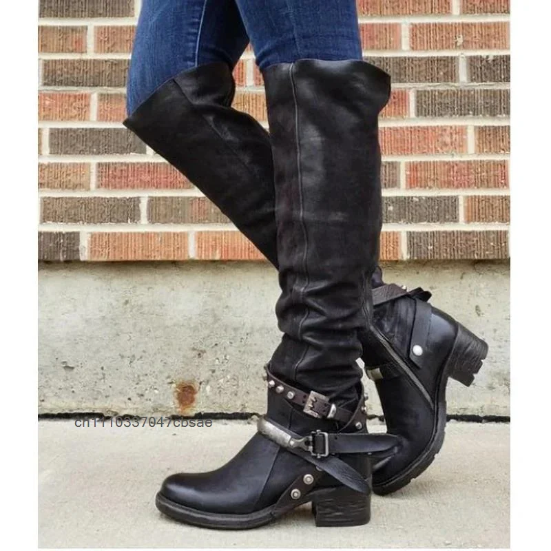 Vintage Distressed Slouch Boots Chunky Block Heel Multi Adjustable Buckle Straps Boot Long Knee High Cowgirl Biker Fashion Shoes