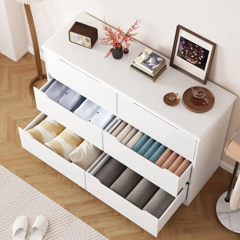 Modern 6 Drawer Double Dresser with Anti-Tip Design Wide Wooden Chest of Drawers Cut-Out Handles Storage Organizer for
