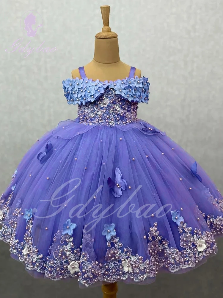 

Blue Flower Girl Dress For Wedding Pearls Tulle Puffy Applqiue Floor Length Princess Baby Elegant Kids Birthday Ball Gown