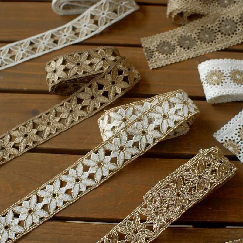 Embroidered Lace Trim for Needlework, Wedding Dress Patches, Collar Ribbon, African Supplies, Gold, White, Luxury, 2Yards