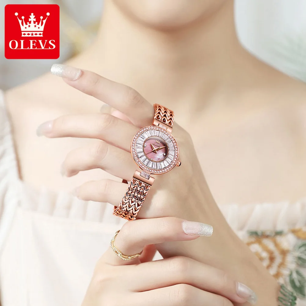 OLEVS Brand Fashion Shiny Crystal Quartz Watch for Women Rose Gold Stainless Steel Strap Waterproof Luxury Diamond Watches Women