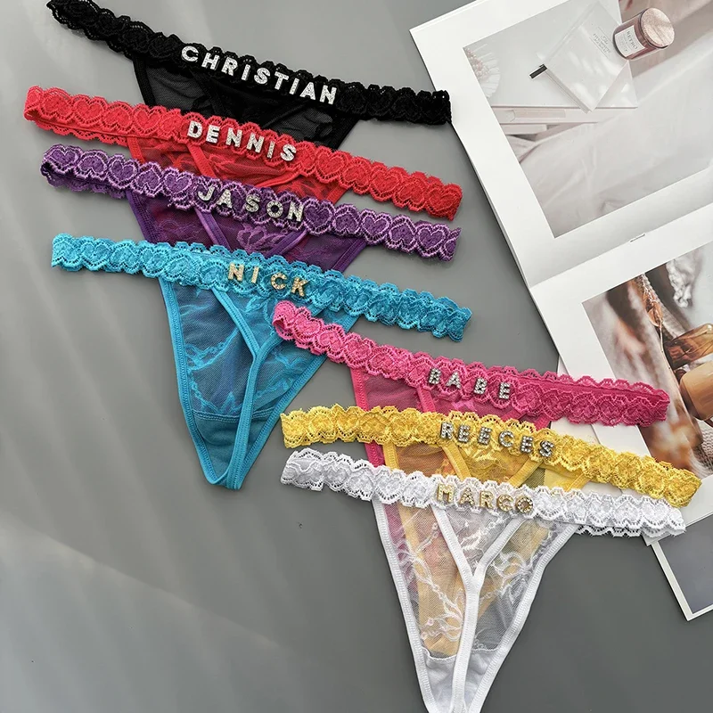 Personality Custom Thong Name Crystal Letter Sexy Lace Bikini Panties G-String Low Waist Briefs Ladies Knickers Lovers Wife Gift