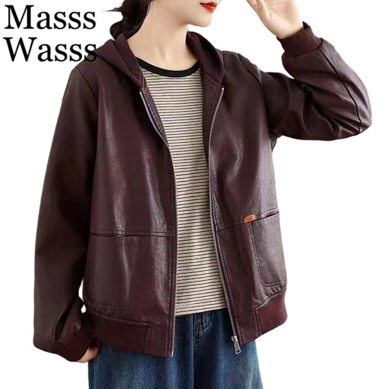 

Модные свободные куртки из искусственной кожи Masss Wasss 2026: женские весенние однотонные куртки с капюшоном, винтажная классическая верхняя одежда