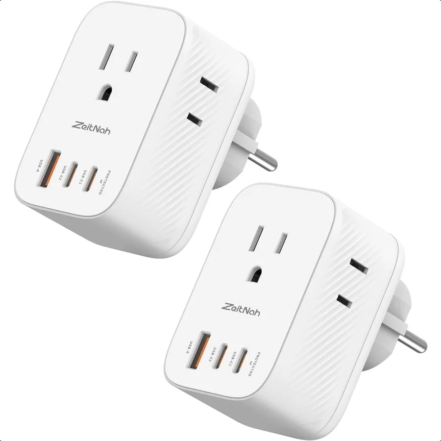

European Travel Plug Adapter 2 Pack Type E F Plug Adapter with 3 AC Outlets 2 USBC 1 USBA Ports 30W GaN Fast Charger Power Adap