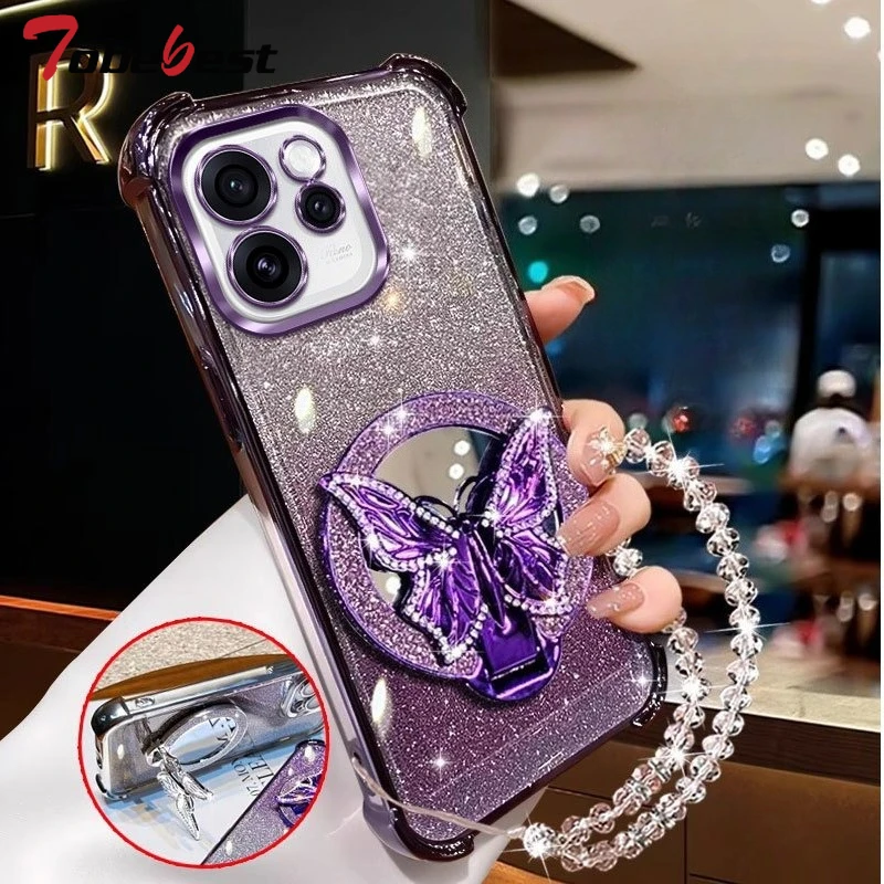 Glitter Butterfly Mirror Crystal Bracelet Case For OPPO Reno