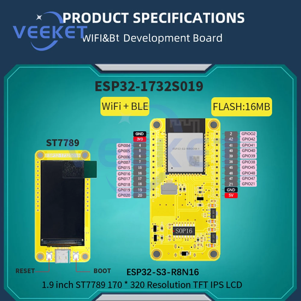 Placa de desenvolvimento ESP32-S3 LCD TFT Módulo IPS WIFI + Bluetooth 8M PSRAM 16M Flash Tipo-C Interface