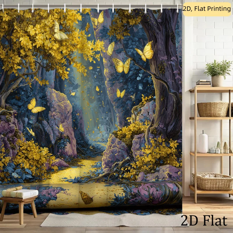 

2D Flat, 2D Flat, 1pc 2D Shower Curtain, Shower Curtain with Beautiful Butterfly Forest Design, Made of Polyester Fabric. This B