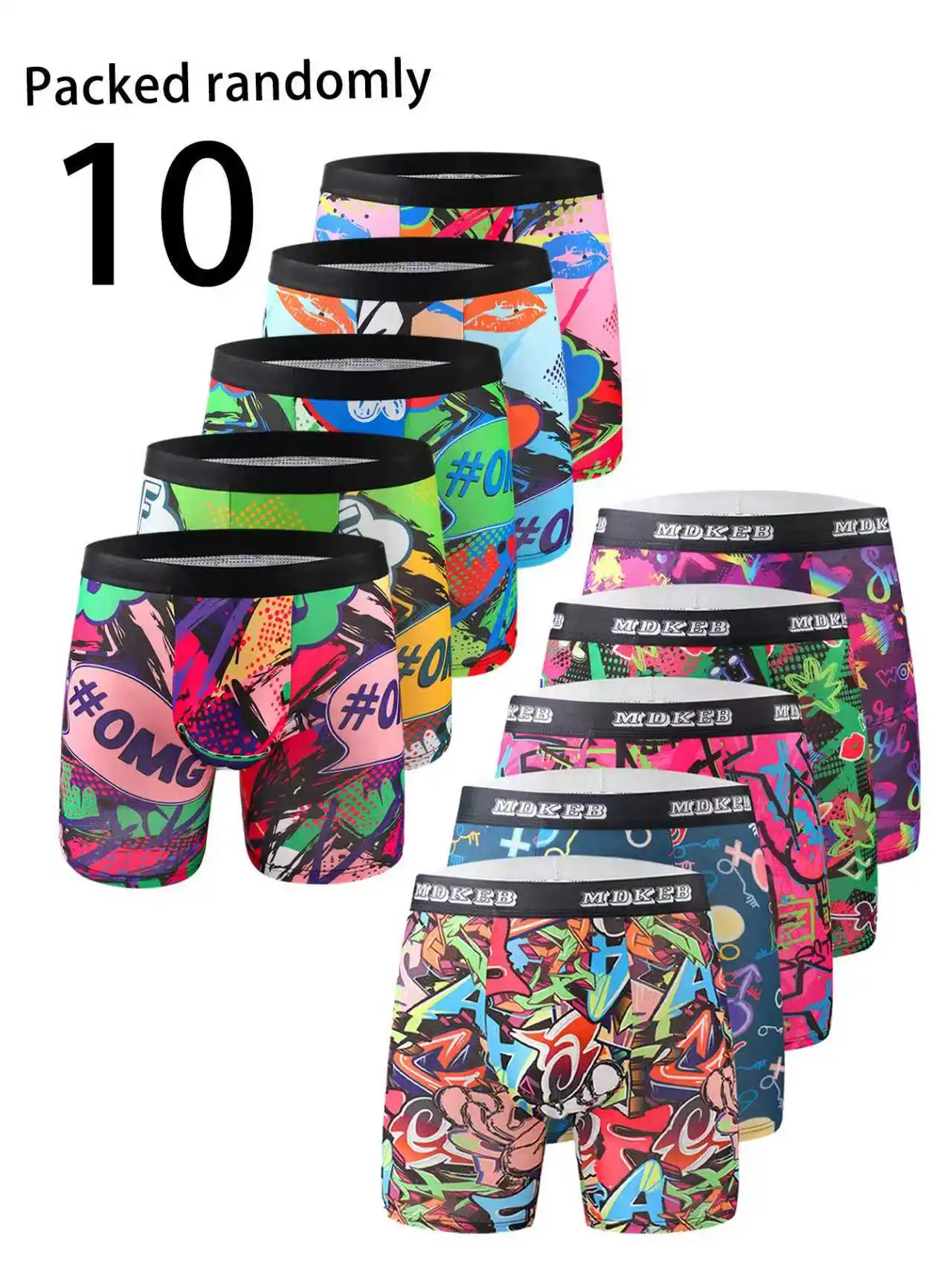 

10-Pack OMG Pop Style Men's Boxer Shorts Trendy Color Block Print MDKEB Belt Mid-Waist Briefs Random Mixed Colors