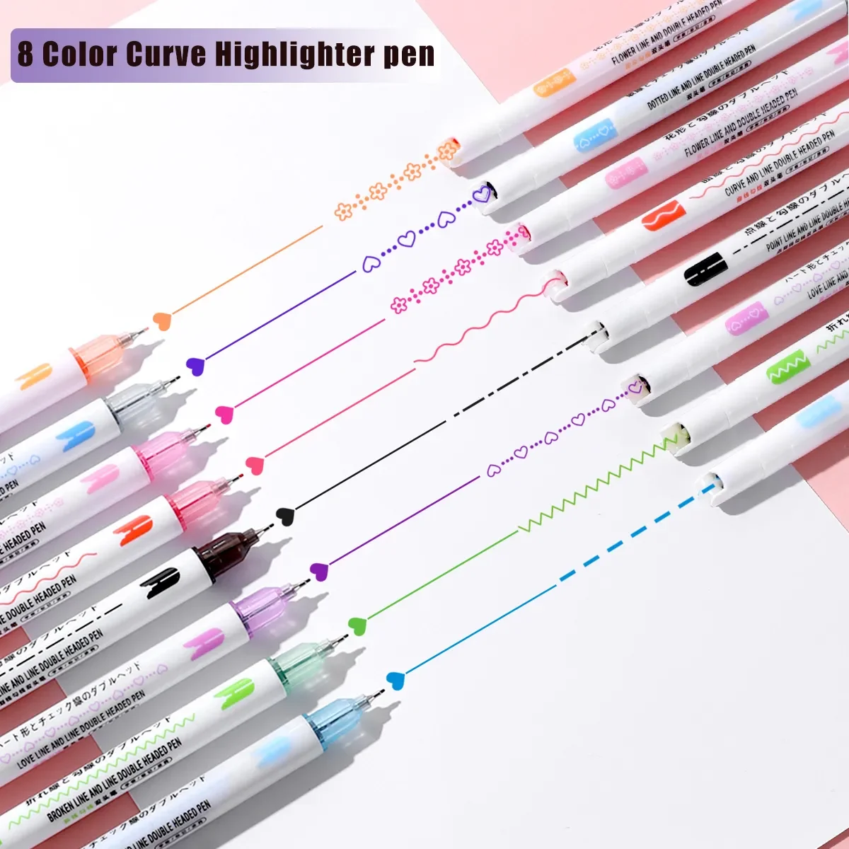 8pcs Dual Line Contour Markers, Dual Tip Curve Pens, Multicolor Fun Curved Pens, Quick Dry Markers Note Drawing Highlighter, Cur