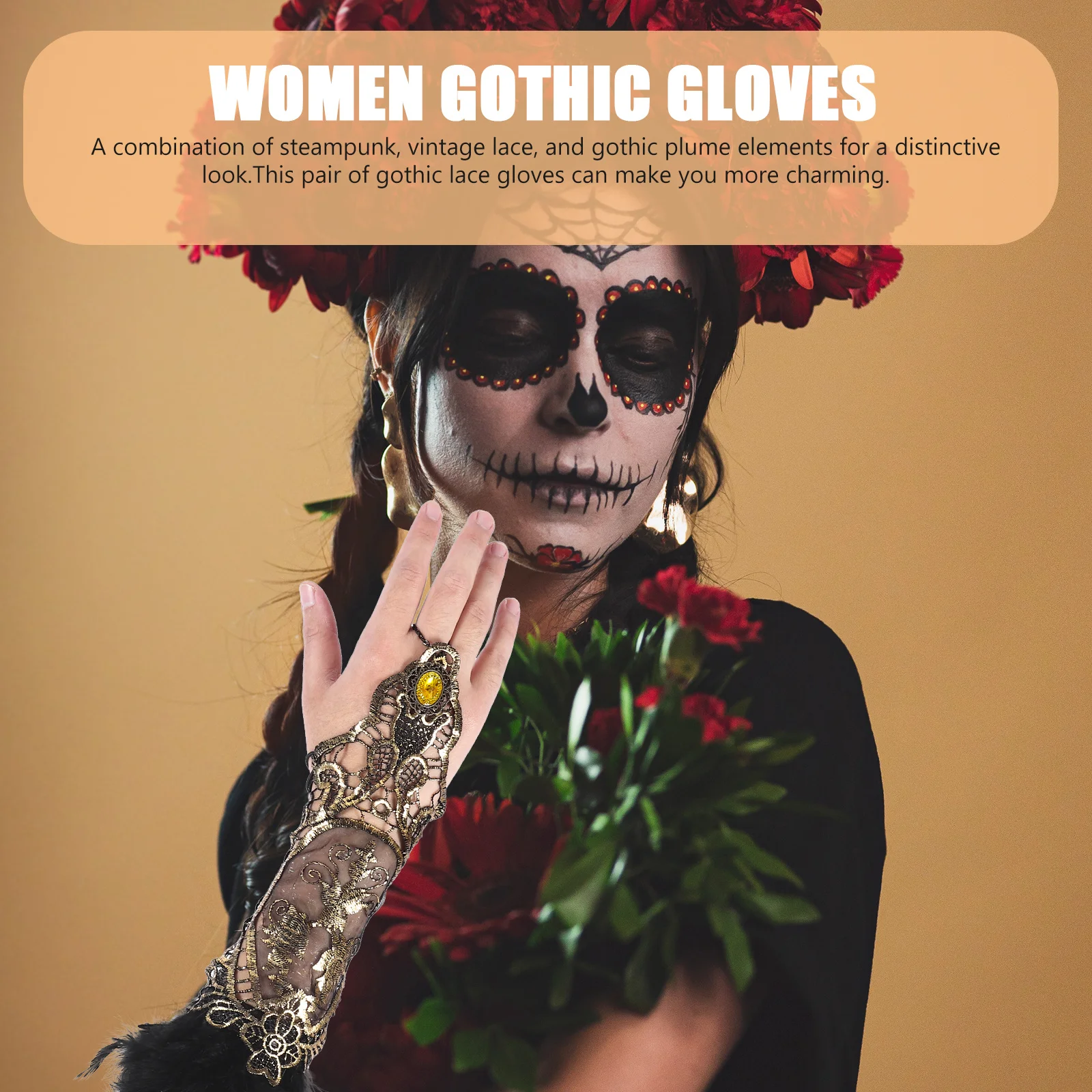 

1 Pair Vintage Lace Gloves Gothic Punk Style Long Arm Gloves Halloween Party Accessories Steampunk Plume Design Adjustable