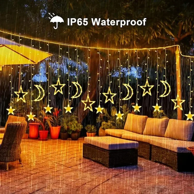 LED Solar Star Moon Curtain Lights Outdoor Waterproof Remote Control Solar Power String Light For Party Home Decor Lamp