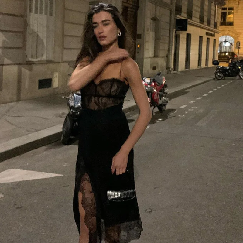 Vestido Midi con abertura de retazos de encaje Vintage de los 90 para mujer, vestido Sexy con espalda descubierta y tirantes finos, ropa de calle